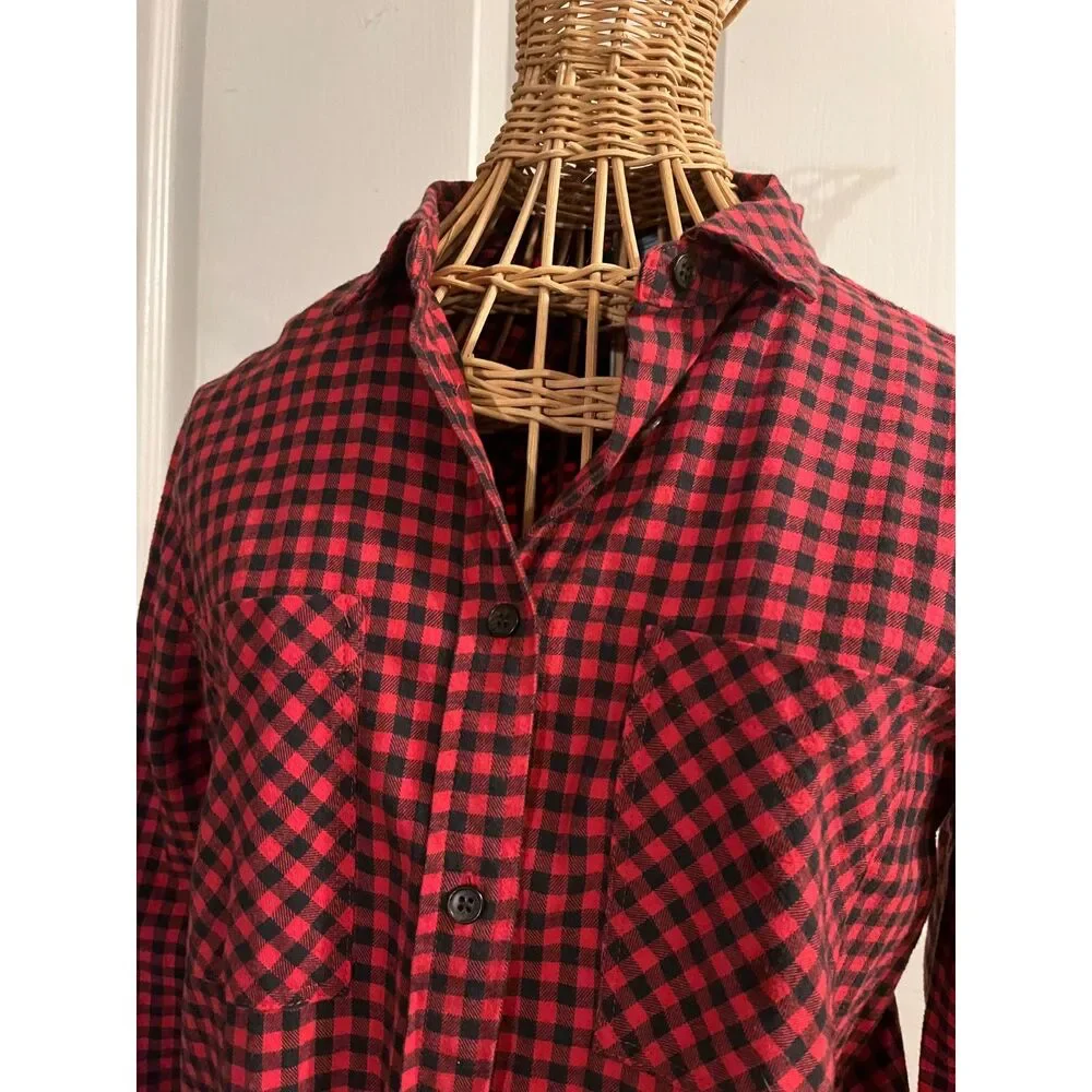 J.Crew Women’s Red Black Check Plaid Flannel Shirt Size 4 Long Sleeve Soft - Picture 7 of 12